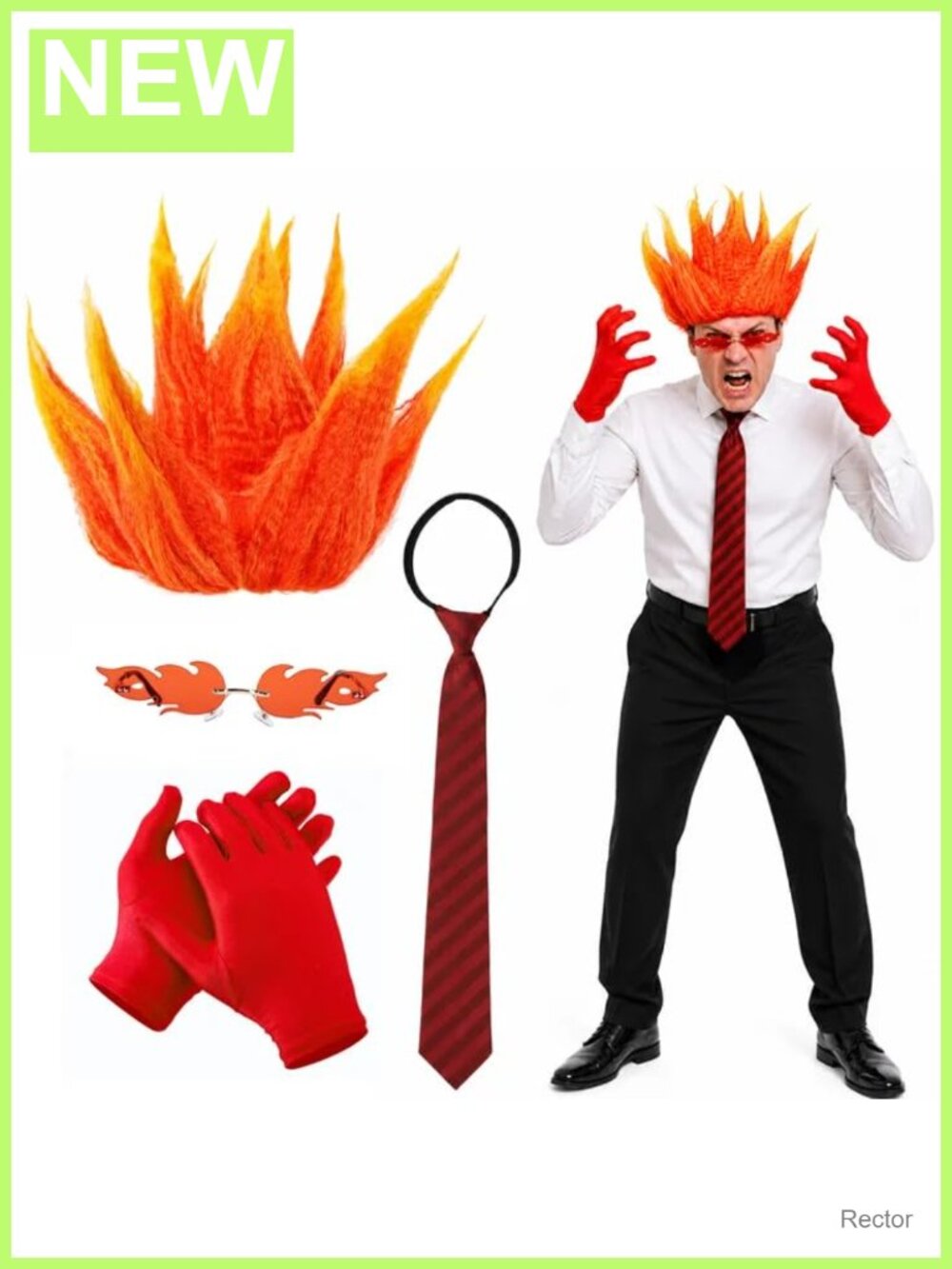Angry Flame Wig, Glasses, Tie & Gloves 4-Piece Costume Set